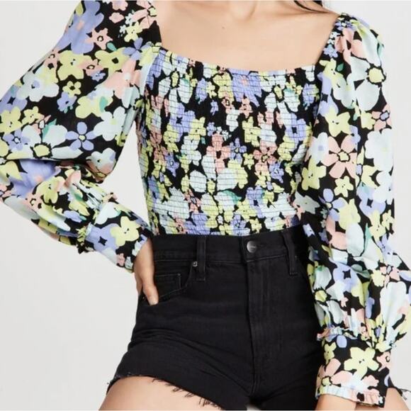 Free People Floral Smocked Puff Sleeve Top Multicolor Boho M - Picture 1 of 9